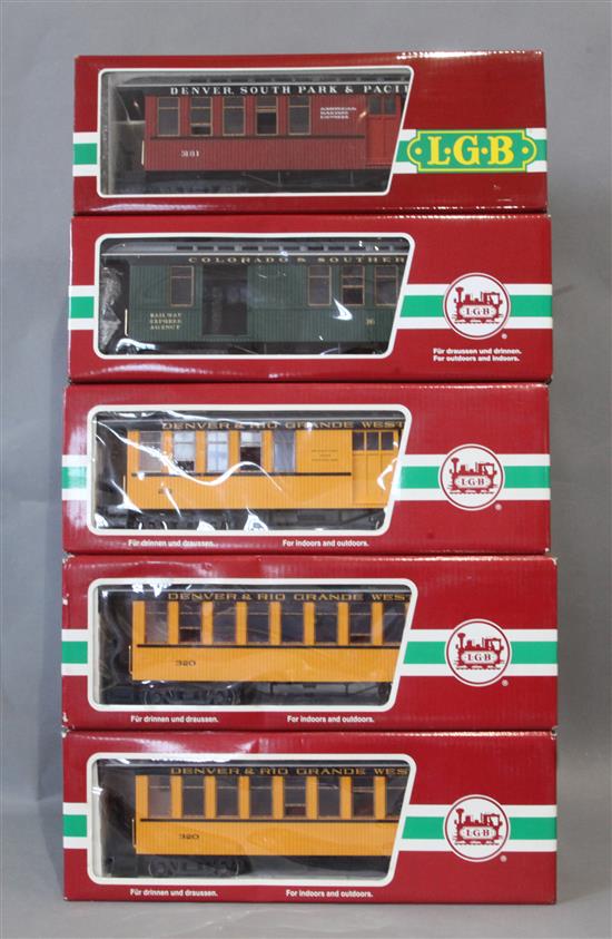 Five Lehmann Gross Bahn G gauge combine/passenger cars; all five boxed